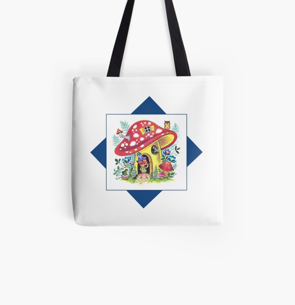 Vintage Pixie Elf In His Mushroom House Retro Kitsch Design All Over Print Tote Bag