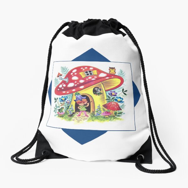 Vintage Pixie Elf In His Mushroom House Retro Kitsch Design Drawstring Bag