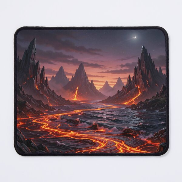 Item preview, Fiery volcanic landscape at night with glowing lava flows and dramatic sky atmosphere designed and sold by FotoworldEdel.