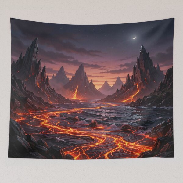 Item preview, Fiery volcanic landscape at night with glowing lava flows and dramatic sky atmosphere designed and sold by FotoworldEdel.