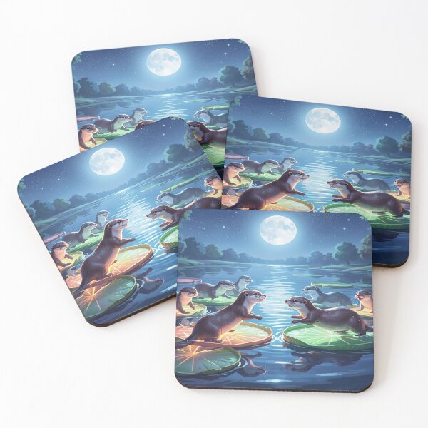 Item preview, Playful otters on luminous water lilies in the moonlight of a still nighttime forest lake. designed and sold by FotoworldEdel.