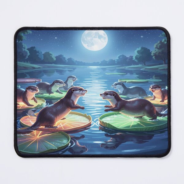 Item preview, Playful otters on luminous water lilies in the moonlight of a still nighttime forest lake. designed and sold by FotoworldEdel.