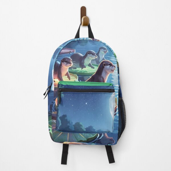 Item preview, Playful otters on luminous water lilies in the moonlight of a still nighttime forest lake. designed and sold by FotoworldEdel.
