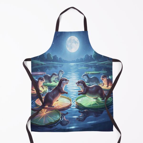 Item preview, Playful otters on luminous water lilies in the moonlight of a still nighttime forest lake. designed and sold by FotoworldEdel.