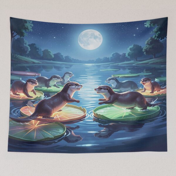 Item preview, Playful otters on luminous water lilies in the moonlight of a still nighttime forest lake. designed and sold by FotoworldEdel.
