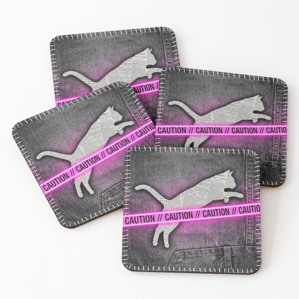 Item preview, Grunge Newspaper Collage Cat Jumping Over Pink Neon Caution Tape designed and sold by GrabaHuk.