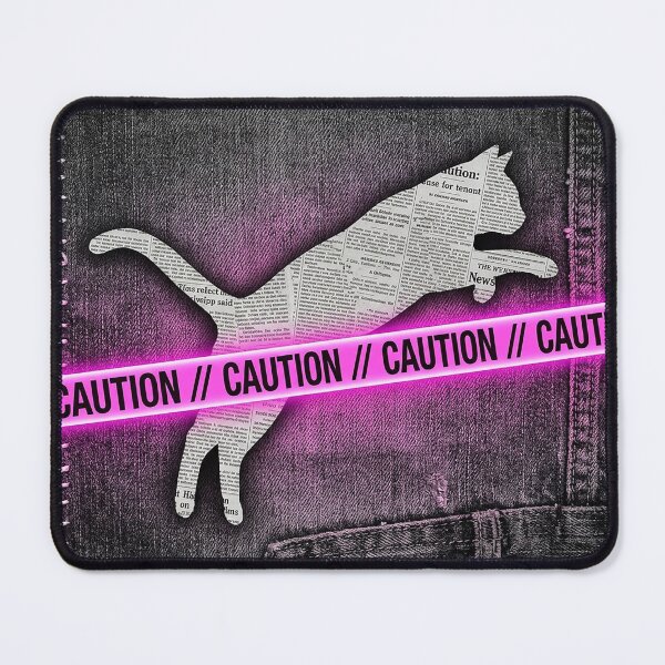 Item preview, Grunge Newspaper Collage Cat Jumping Over Pink Neon Caution Tape designed and sold by GrabaHuk.