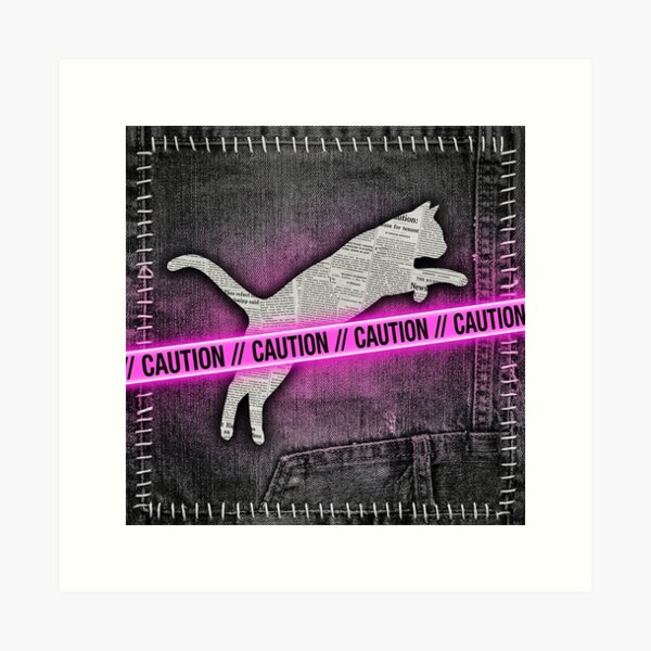 Item preview, Grunge Newspaper Collage Cat Jumping Over Pink Neon Caution Tape designed and sold by GrabaHuk.