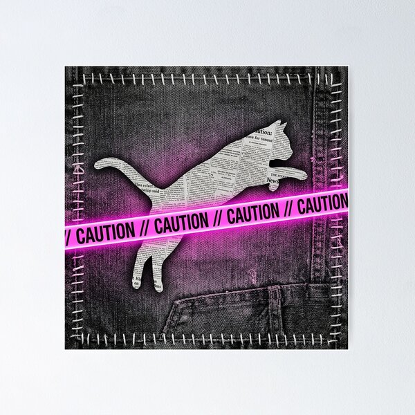 Item preview, Grunge Newspaper Collage Cat Jumping Over Pink Neon Caution Tape designed and sold by GrabaHuk.