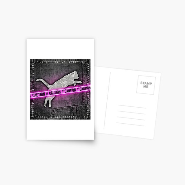 Item preview, Grunge Newspaper Collage Cat Jumping Over Pink Neon Caution Tape designed and sold by GrabaHuk.