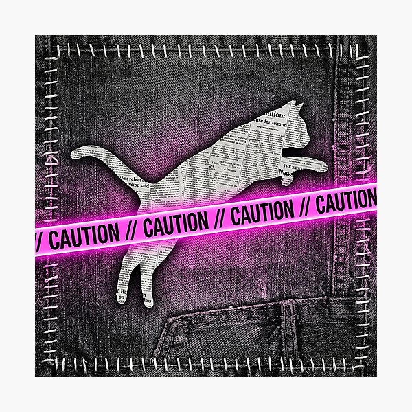 Item preview, Grunge Newspaper Collage Cat Jumping Over Pink Neon Caution Tape designed and sold by GrabaHuk.