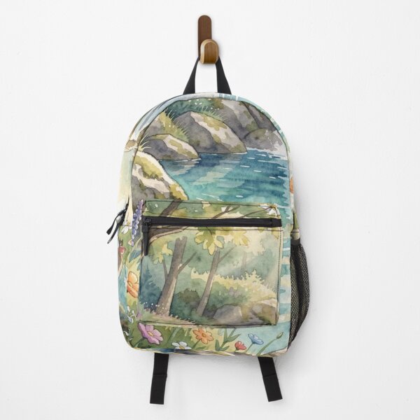 Item preview, Hidden waterfall in vibrant watercolor scenery with wildflowers and gentle forest stillness. designed and sold by FotoworldEdel.