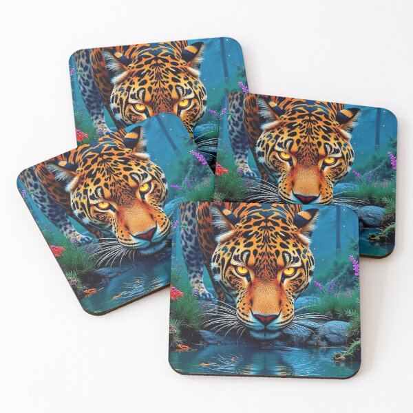 Item preview, Mystical Jaguar Drinking at Night - Glowing Eyes & Reflection Art designed and sold by wildhazestudio.