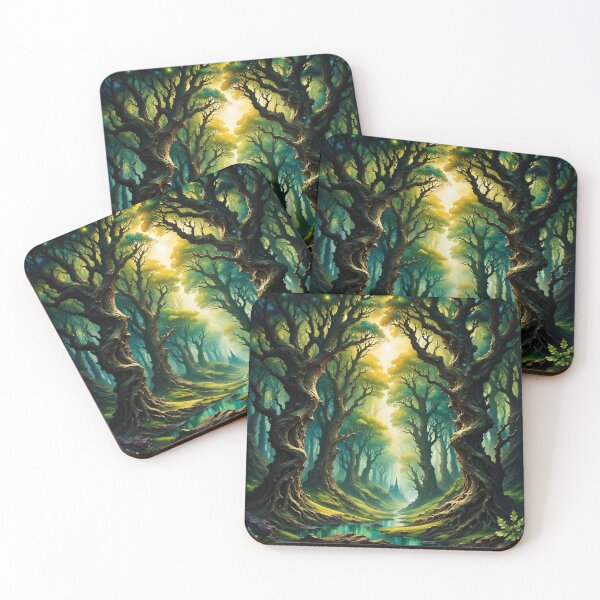Item preview, Enchanted forest path with golden light and ancient trees along a clear, tranquil stream. designed and sold by FotoworldEdel.