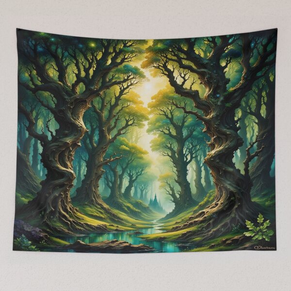 Item preview, Enchanted forest path with golden light and ancient trees along a clear, tranquil stream. designed and sold by FotoworldEdel.