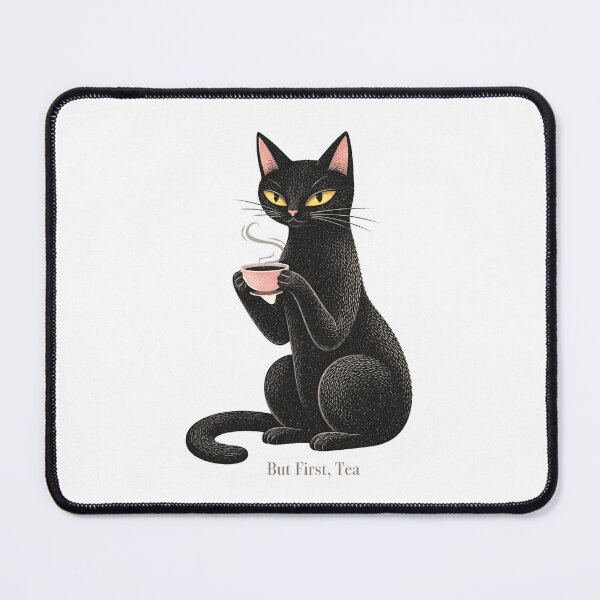 Item preview, But First, Tea. Black Cat Tea Lover Sticker | Cozy Vintage Cat Art  designed and sold by VelvetClawStudio.