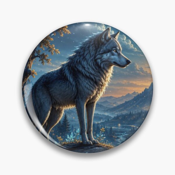 Item preview, Majestic fantasy wolf standing on a mystical cliff overlooking an enchanted mountain realm under the full moon designed and sold by CozyAnimalArt.