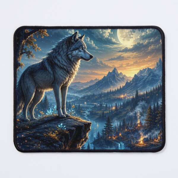 Item preview, Majestic fantasy wolf standing on a mystical cliff overlooking an enchanted mountain realm under the full moon designed and sold by CozyAnimalArt.
