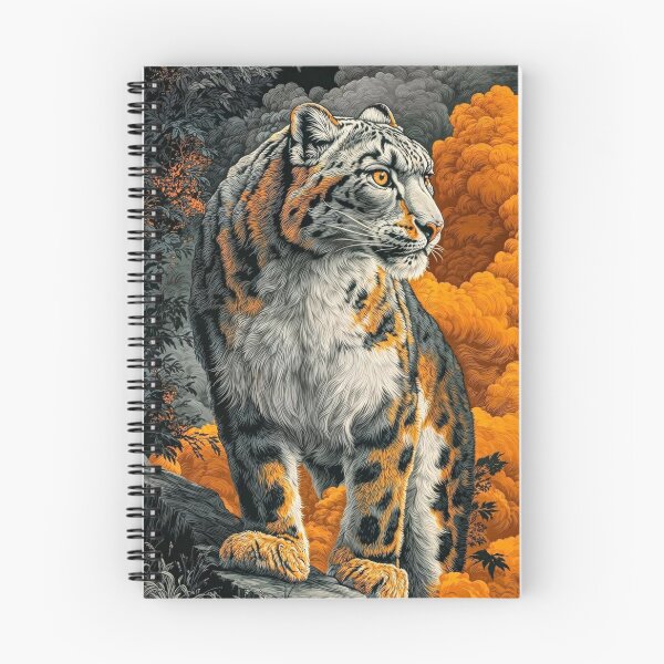 Item preview, Majestic Snow Leopard Art Print with Orange Clouds - Detailed Wildlife Illustration designed and sold by wildhazestudio.