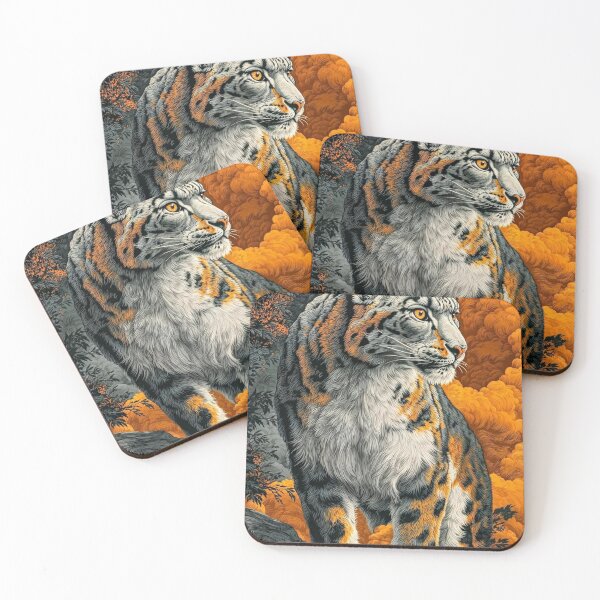 Item preview, Majestic Snow Leopard Art Print with Orange Clouds - Detailed Wildlife Illustration designed and sold by wildhazestudio.