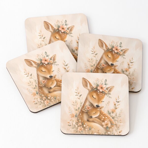 Item preview, Tender Deer Mom Hugging Her Fawn – Cozy Woodland Nursery Decor designed and sold by ArtPompon.