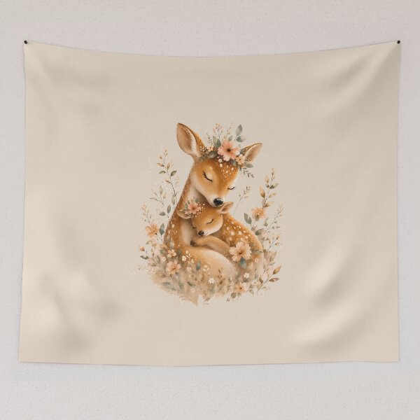 Item preview, Tender Deer Mom Hugging Her Fawn – Cozy Woodland Nursery Decor designed and sold by ArtPompon.