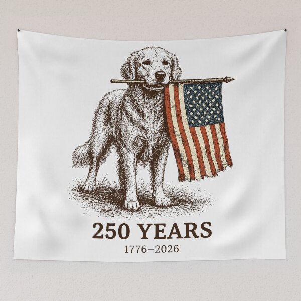 Item preview, Patriotic Dog Holding American Flag 250 Years Quarter Millennial Memorial designed and sold by LizzyKeiko.