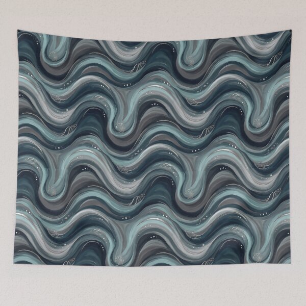 Item preview, Luxury Ocean Swirl Seamless Pattern with Silver Seashells designed and sold by MythicCotton.