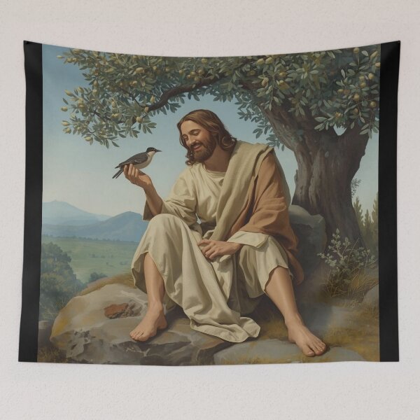 Item preview, Jesus and a Bird under an Olive Tree theme from the New Testament | Biblical Religious Spiritual Art designed and sold by Cre8andRecre8.