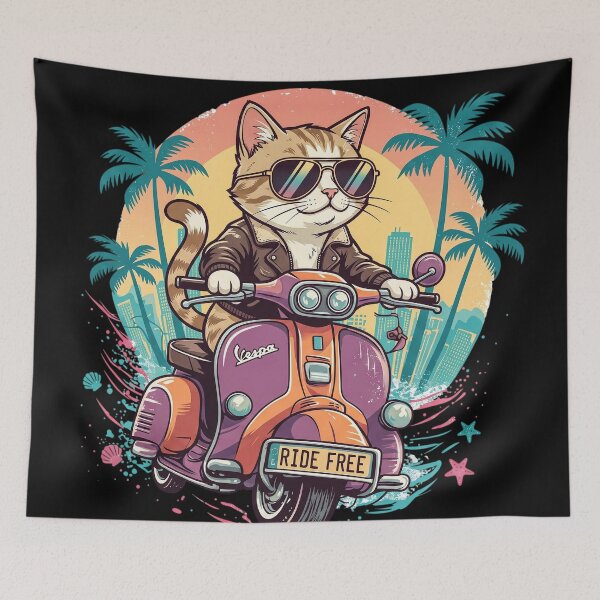 Item preview, Cool Cat Riding Retro Scooter Beach Sunset designed and sold by CrystalMineArts.