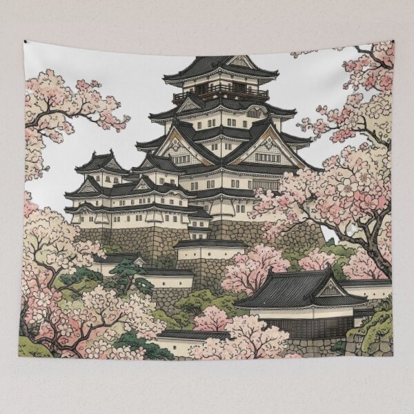 Item preview, Japanese Castle with Sakura – Traditional Japanese Style Illustration designed and sold by vekotpu.