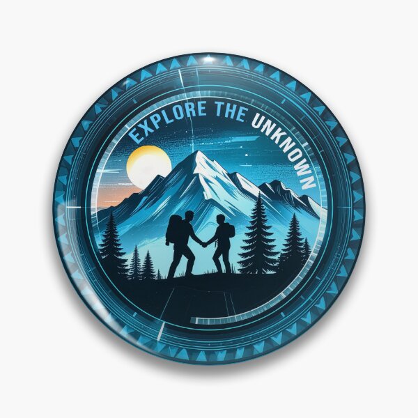 Item preview, Explore the unknown futuristic couple hiking mountain badge sci-fi adventure art designed and sold by icemanphotos.