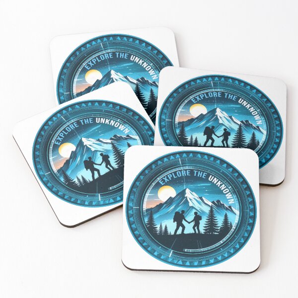Item preview, Explore the unknown futuristic couple hiking mountain badge sci-fi adventure art designed and sold by icemanphotos.
