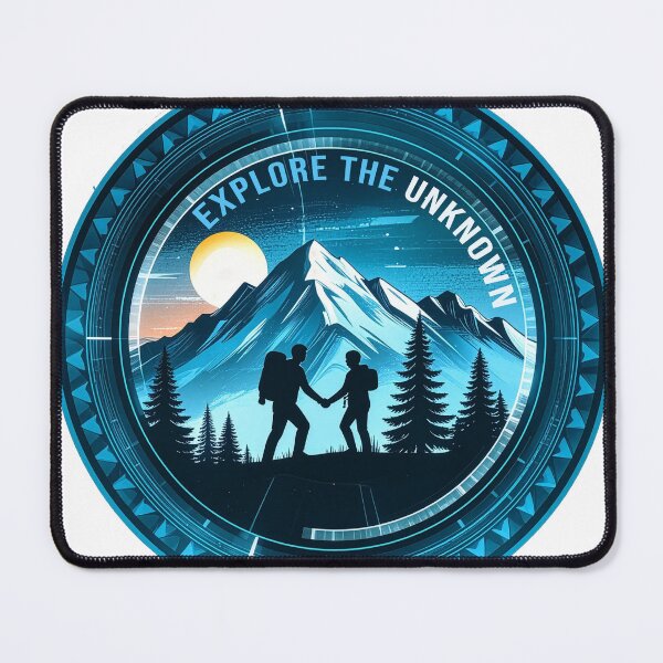 Item preview, Explore the unknown futuristic couple hiking mountain badge sci-fi adventure art designed and sold by icemanphotos.