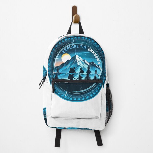 Item preview, Explore the unknown futuristic couple hiking mountain badge sci-fi adventure art designed and sold by icemanphotos.