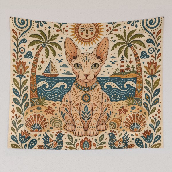 Item preview, Wall Art - Postcard - FOLK ART - Mystical Beach Cat: Bohemian Serenity designed and sold by ForeverPrintsOK.