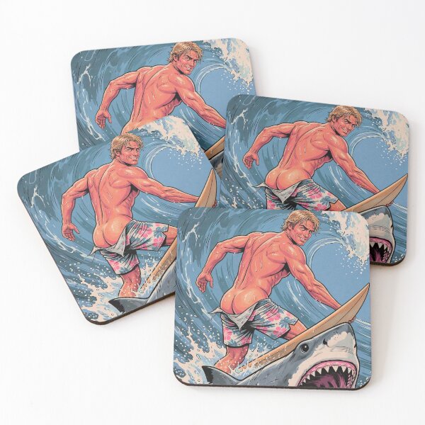 Item preview, Muscular Surfer Riding a Great White Shark designed and sold by ZhivanCrimson.