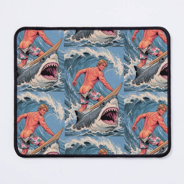 Item preview, Muscular Surfer Riding a Great White Shark designed and sold by ZhivanCrimson.