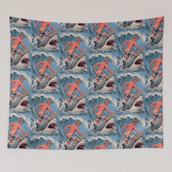 Item preview, Muscular Surfer Riding a Great White Shark designed and sold by ZhivanCrimson.