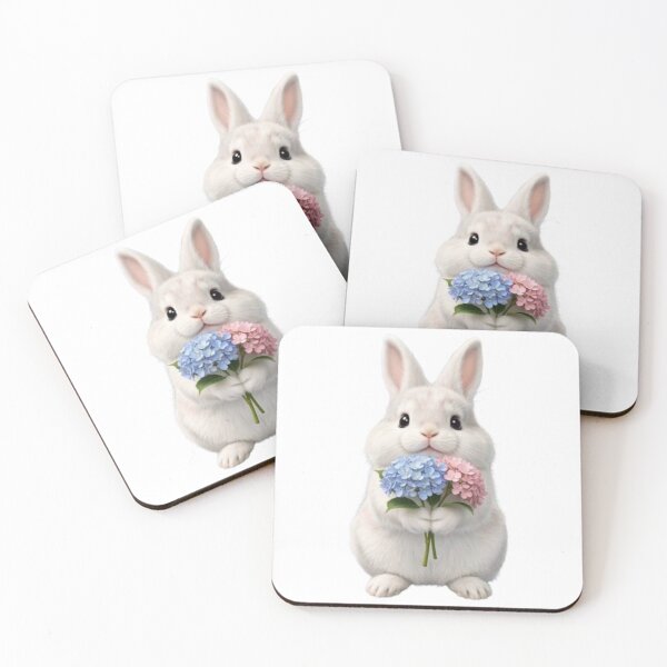 Item preview, Cute White Bunny Holding Blue and Pink Hydrangeas designed and sold by lovelistivkaa.