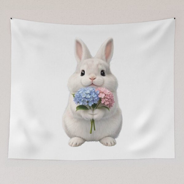 Item preview, Cute White Bunny Holding Blue and Pink Hydrangeas designed and sold by lovelistivkaa.
