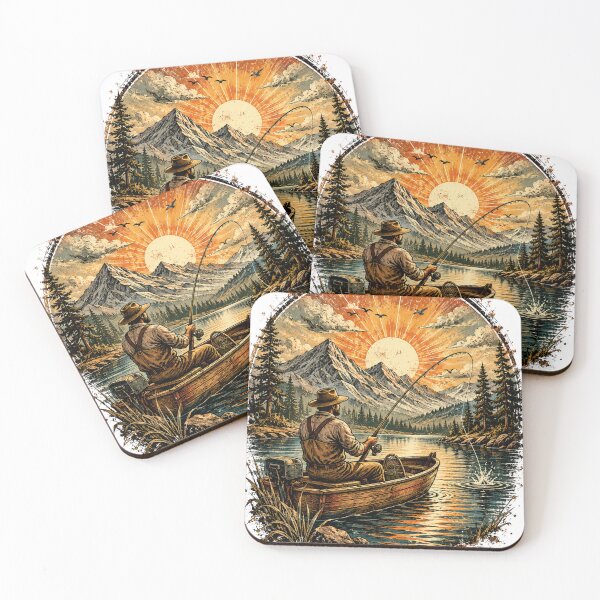 Item preview, Vintage Retro Fisherman Boat Mountain Lake Sunset Fishing T-Shirt designed and sold by Five Reasons Designs.