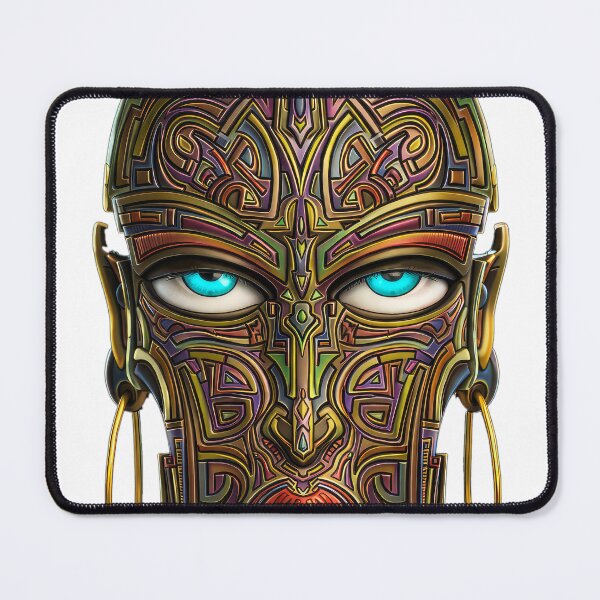 Item preview, Cyber-Tribal Totem - Futuristic Mask with Cyan Eyes - Pre-Columbian Art designed and sold by Keltoi-art.