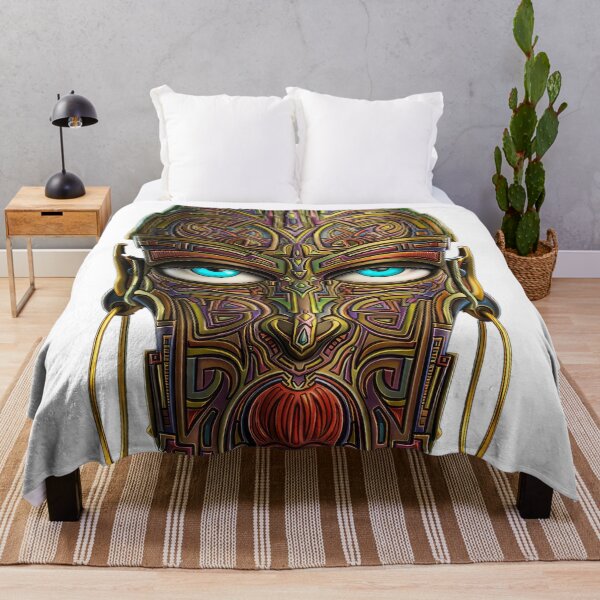 Item preview, Cyber-Tribal Totem - Futuristic Mask with Cyan Eyes - Pre-Columbian Art designed and sold by Keltoi-art.