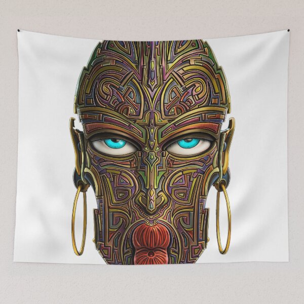 Item preview, Cyber-Tribal Totem - Futuristic Mask with Cyan Eyes - Pre-Columbian Art designed and sold by Keltoi-art.