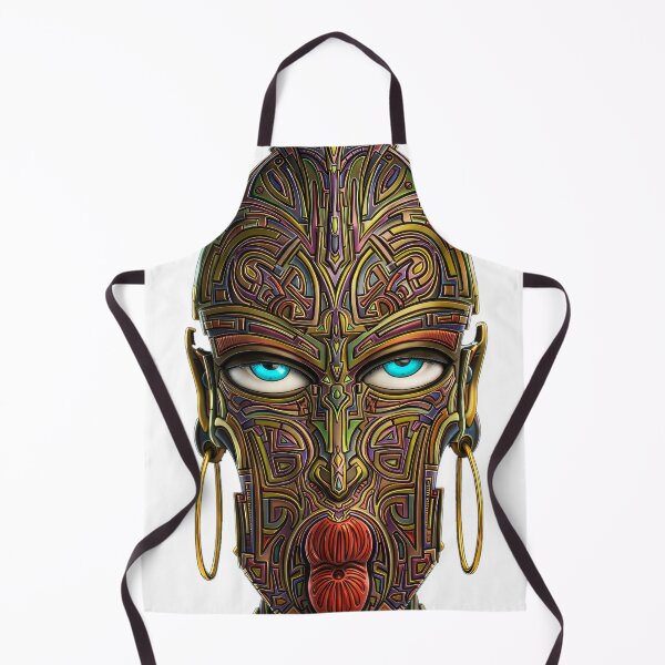 Item preview, Cyber-Tribal Totem - Futuristic Mask with Cyan Eyes - Pre-Columbian Art designed and sold by Keltoi-art.