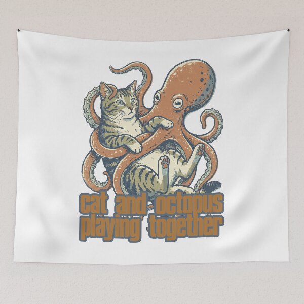 Item preview, cat and octopus playing together -cute kitty meme art collection- designed and sold by LOVEARTDESIGN.