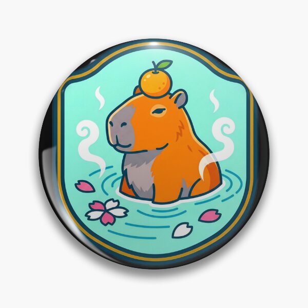 Item preview, Cute Capybara Onsen Hot Spring Retro Badge designed and sold by Oommen Studio .