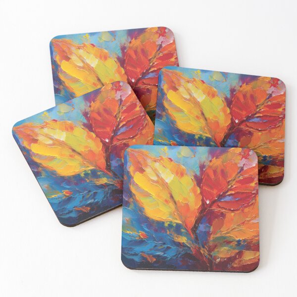 Item preview, RBY RED BLUE YELLOW Warm and cosy Autumn leaves colours, VINTAGE leaf textured botanicals oil painting, burnt orange, red, yellow blue, leaf pattern autumn painting  designed and sold by navitalidesign.