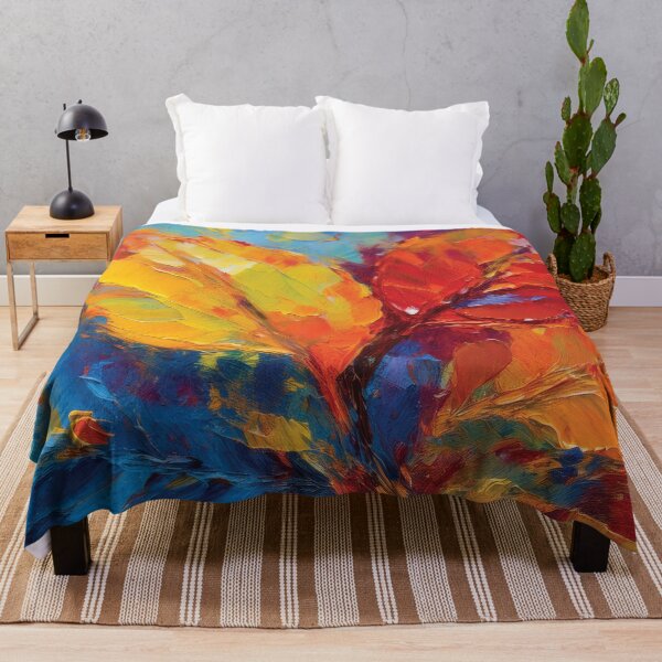 Item preview, RBY RED BLUE YELLOW Warm and cosy Autumn leaves colours, VINTAGE leaf textured botanicals oil painting, burnt orange, red, yellow blue, leaf pattern autumn painting  designed and sold by navitalidesign.